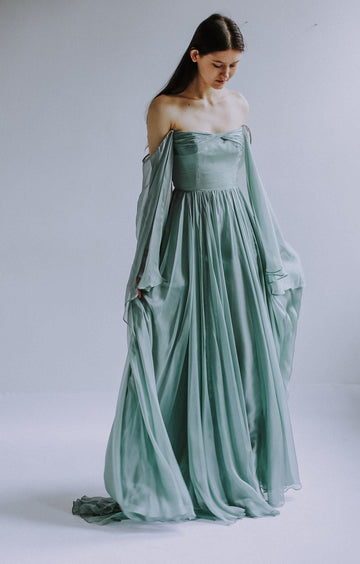 Muted Green A Line Long Sleeve Chiffon Prom Dress Party Dress HZ1023
